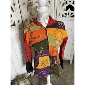 New! Hippie Boho Nepal Hoodie Sweatshirt Womens Medium Colorful Patchwork